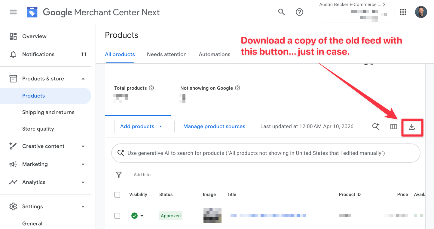 Download a backup copy of an existing feed in Google Merchant Center