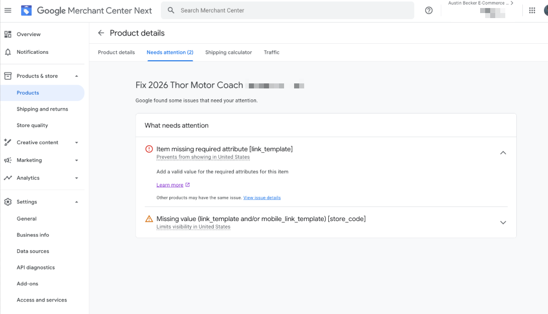 Google Merchant Center error for missing link_template store_code value
