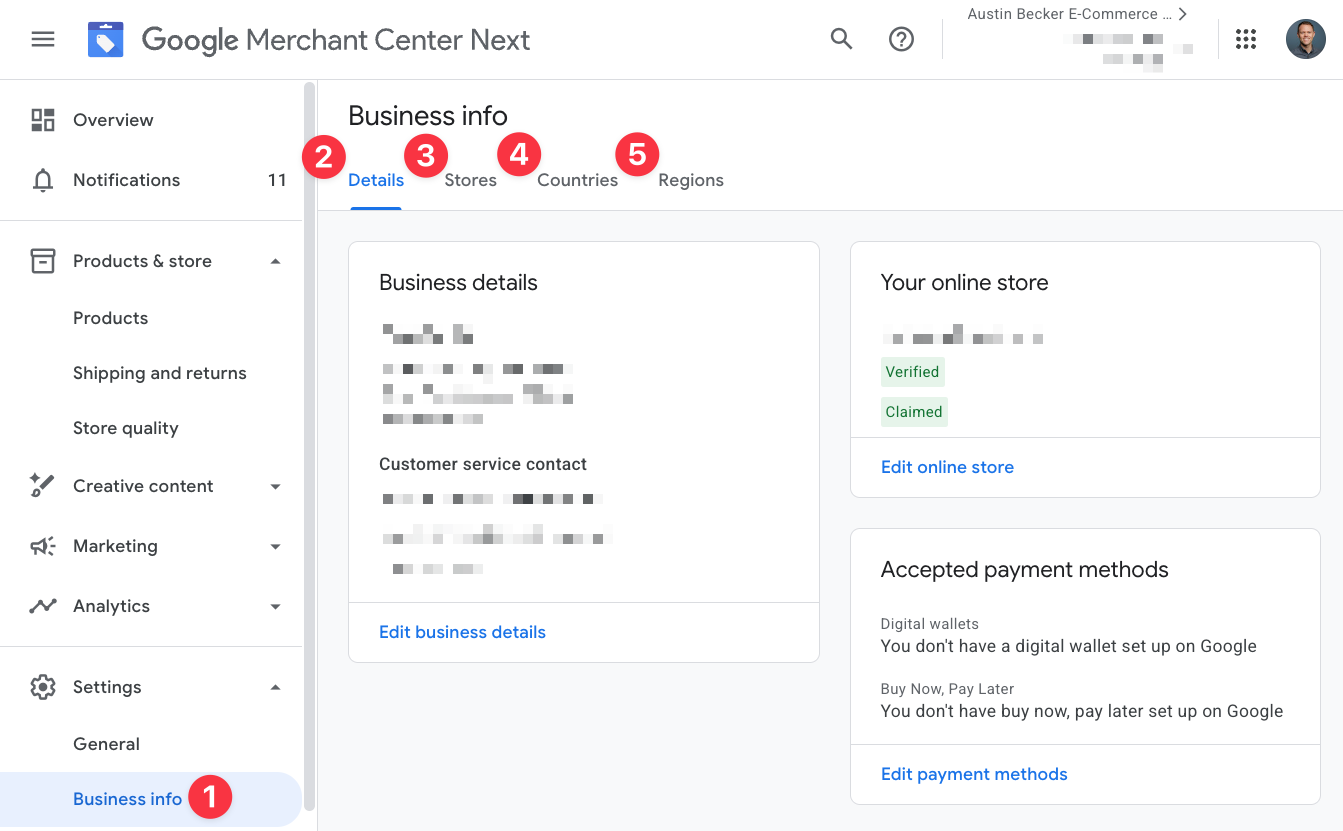 Complete Business info sections in Google Merchant Center