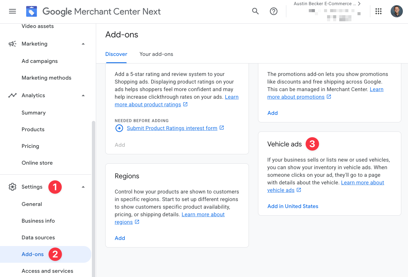 Enable Vehicle ads add-on in Google Merchant Center