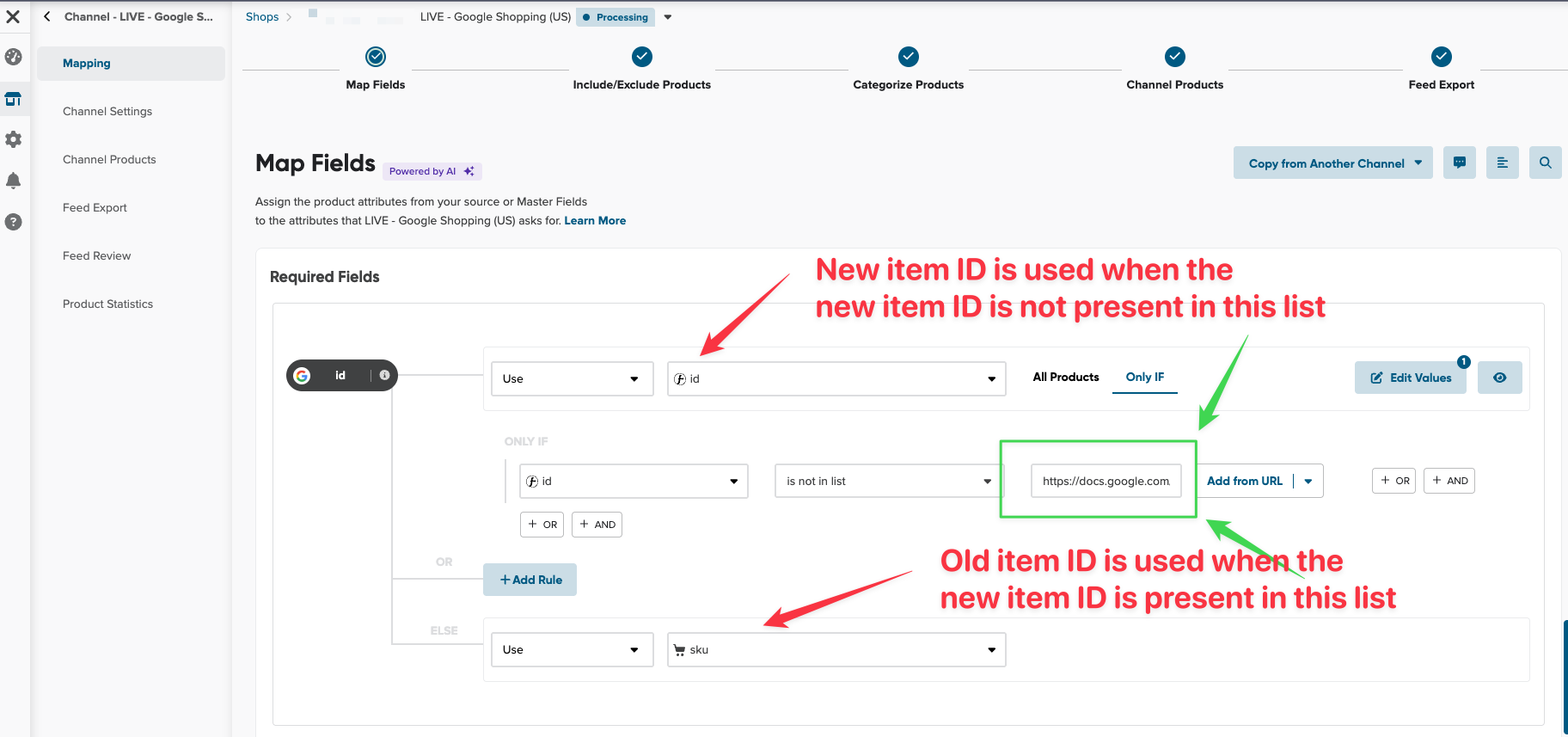 DataFeedWatch swap item ID rule in channels section