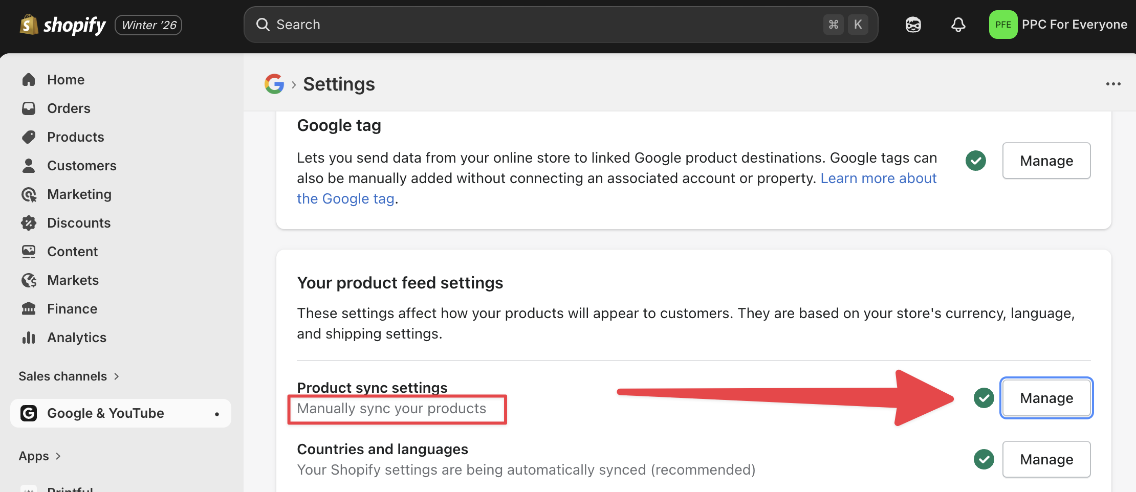 Google and YouTube channel product sync settings in Shopify