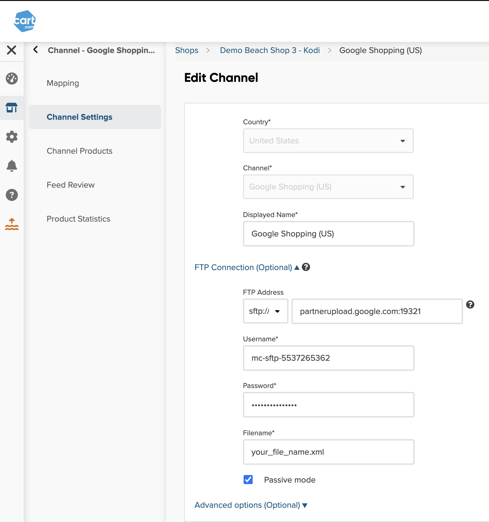 DataFeedWatch SFTP settings for Google Merchant Center