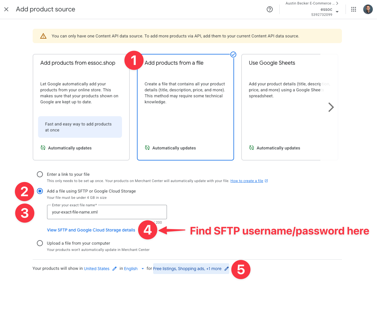 Google Merchant Center add file via SFTP