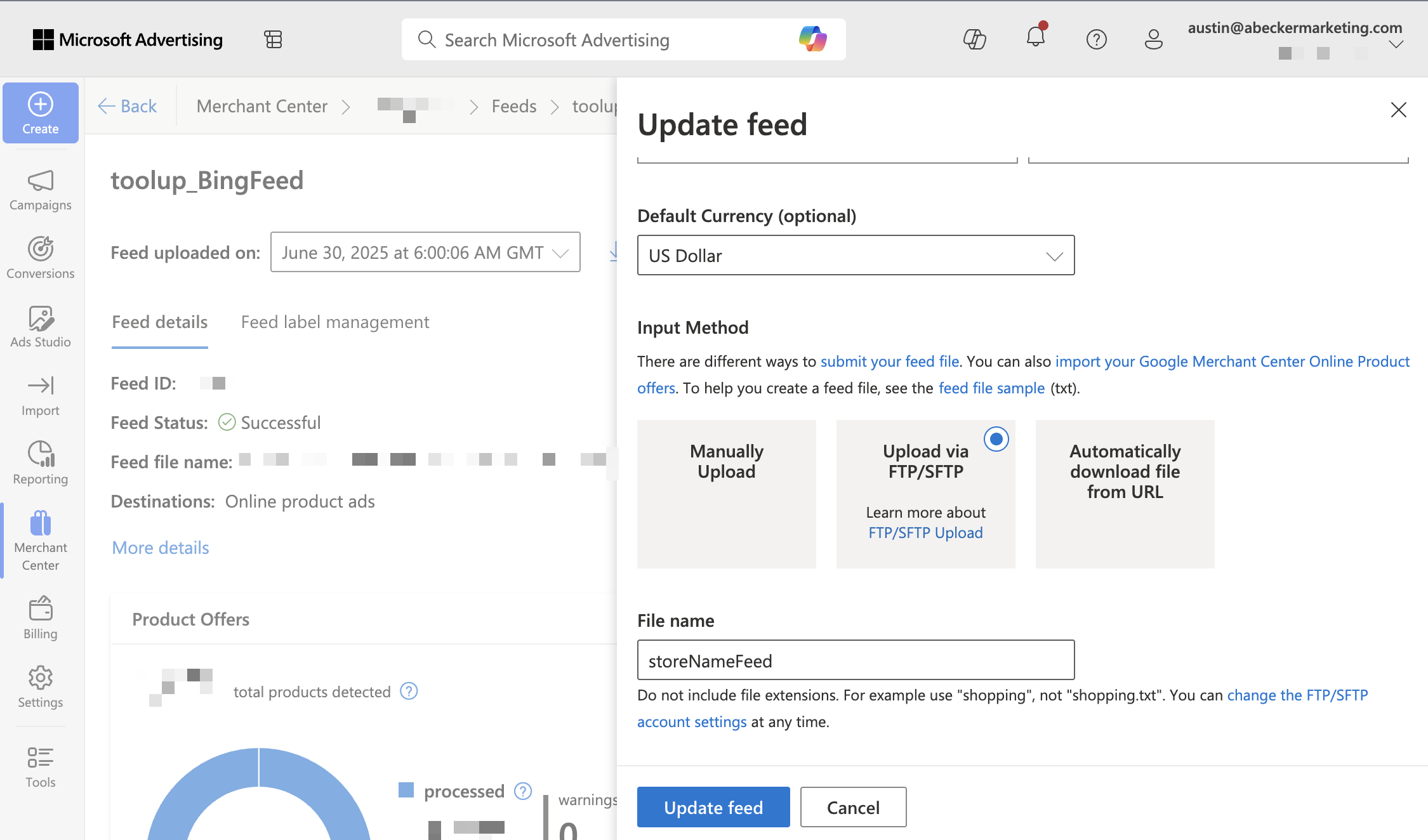 Microsoft Merchant Center update feed settings