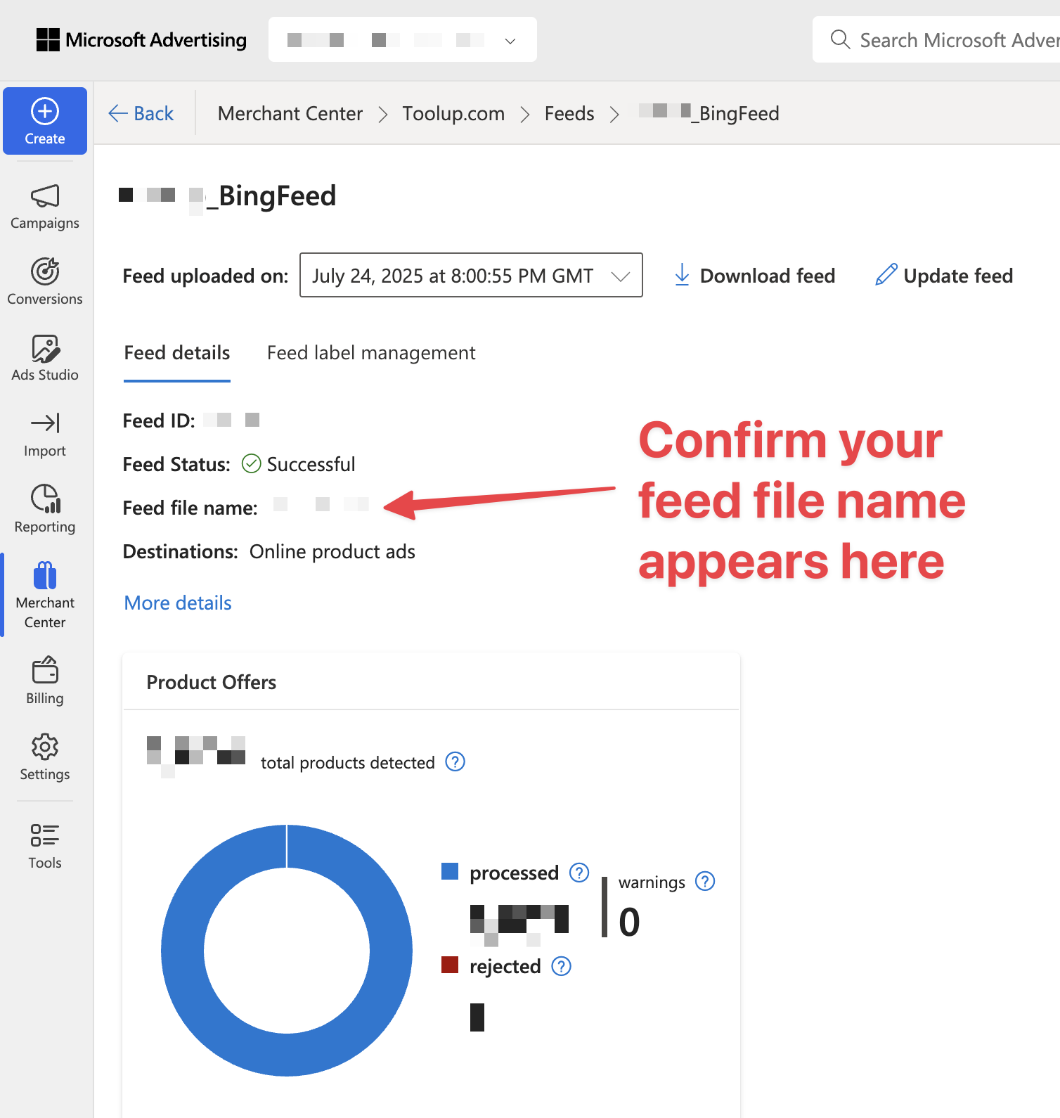 Microsoft Merchant Center feed summary after SFTP upload