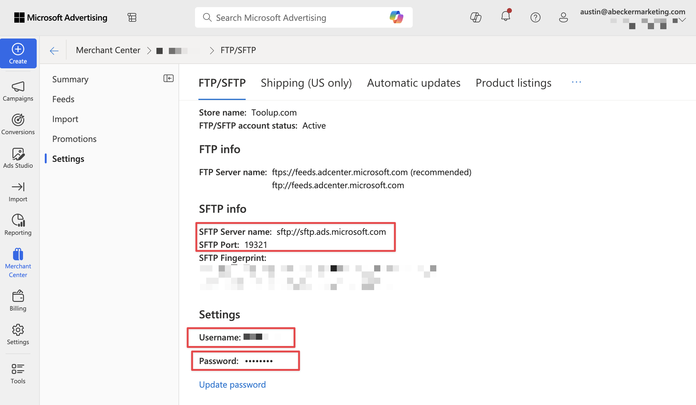 Microsoft Merchant Center SFTP account details
