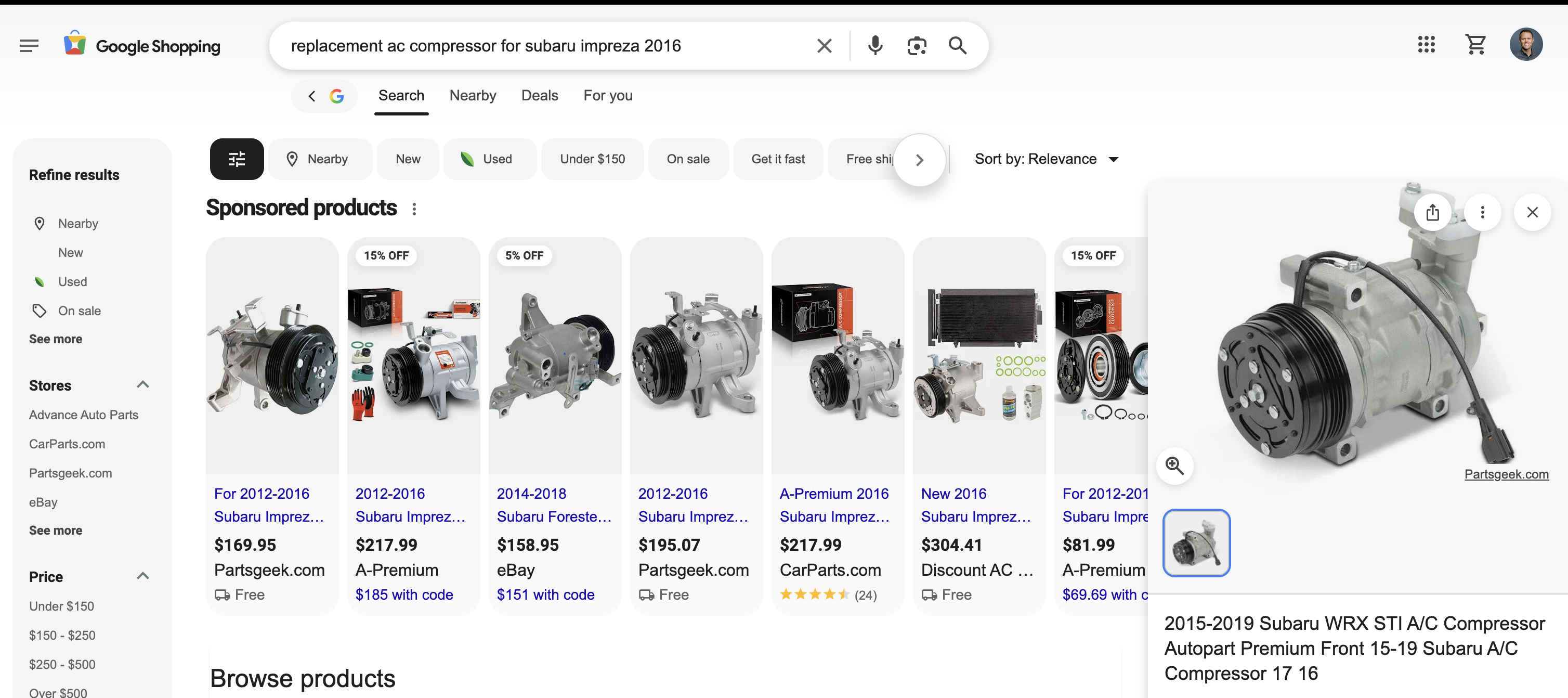 Sample Google Shopping ad for a Subaru WRX STI A/C compressor
