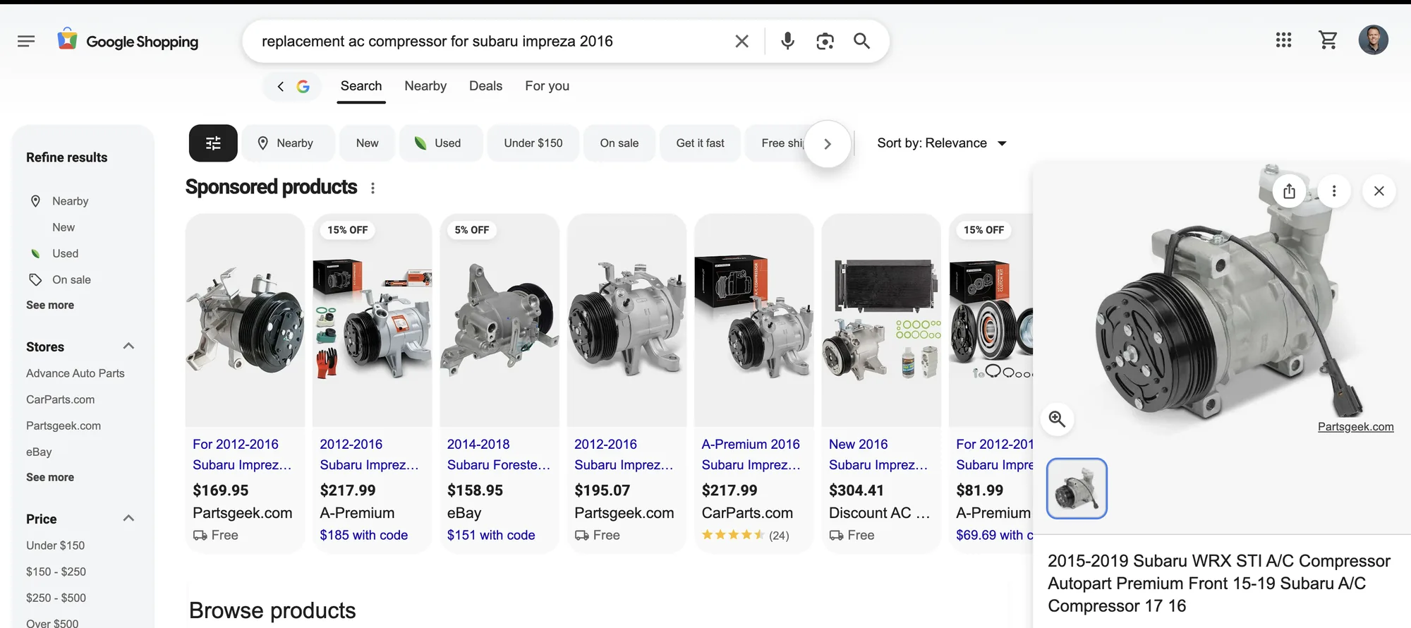Sample Google Shopping ad for a Subaru WRX STI A/C compressor
